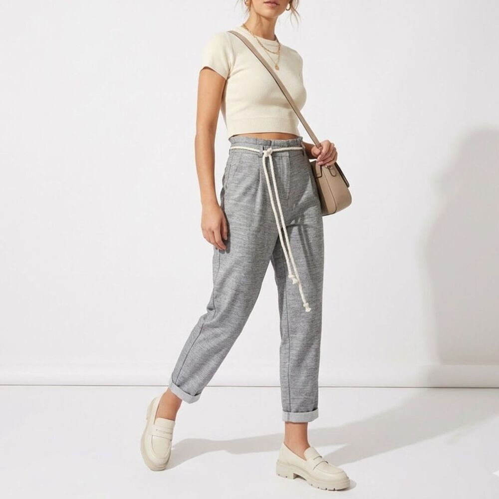 Topshop Rope Belt Trousers Gray Paperbag Waist Coastal Minimal Pants US 6